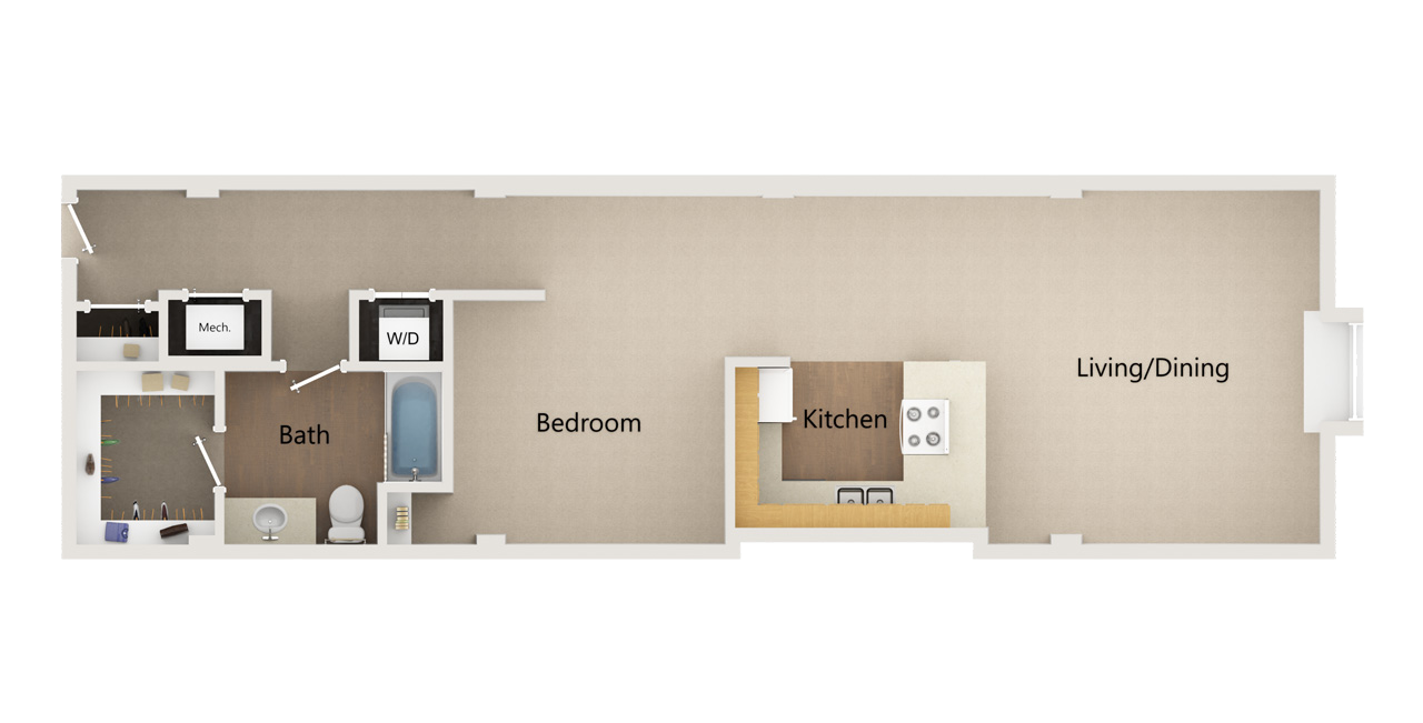 Floor plan of a two-bedroom, two-bathroom apartment with a living and dining area and a kitchen.