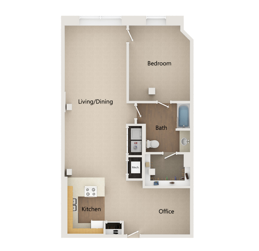 Floor plan for a one-bedroom apartment with a living/dining area, kitchen, bathroom, and an office space.