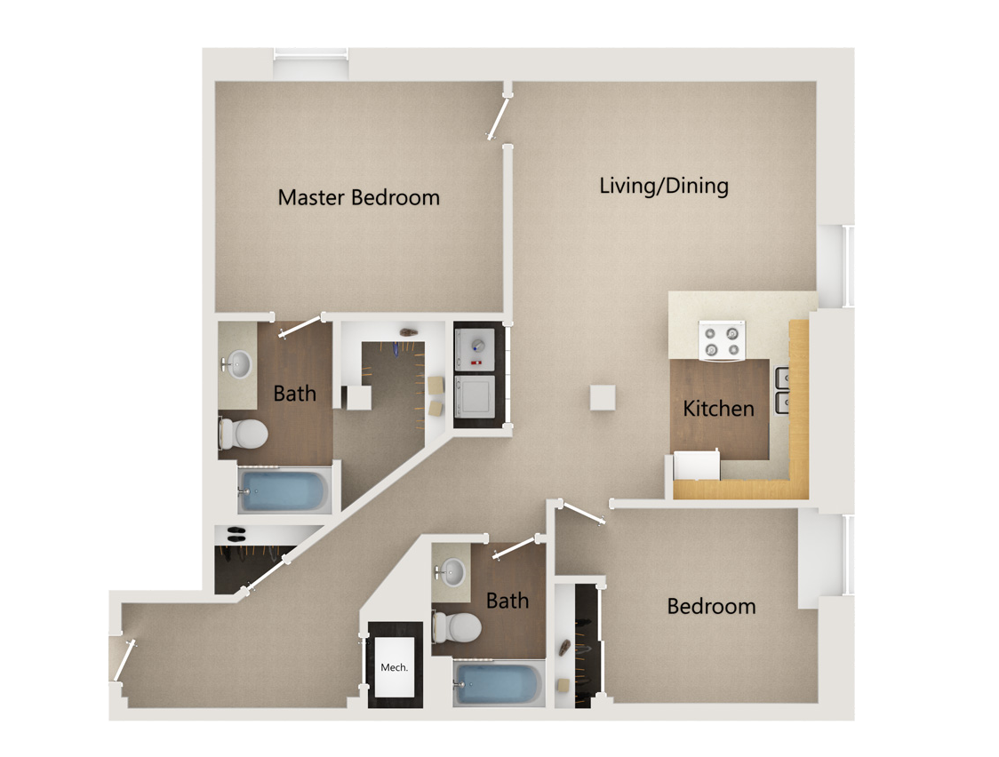 Floor plan of a two-bedroom, two-bathroom apartment with a living/dining area and kitchen.
