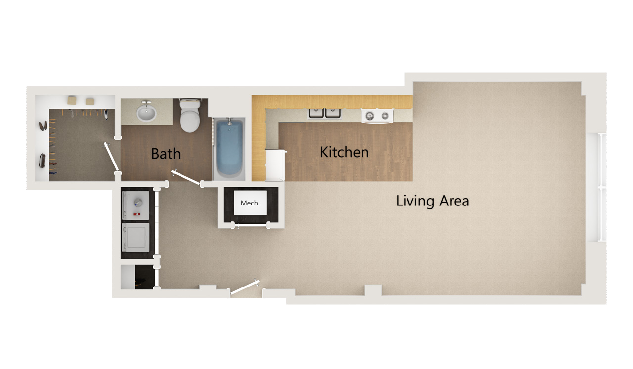 Floor plan of a studio apartment showing an entryway, bathroom, kitchen, and living area.