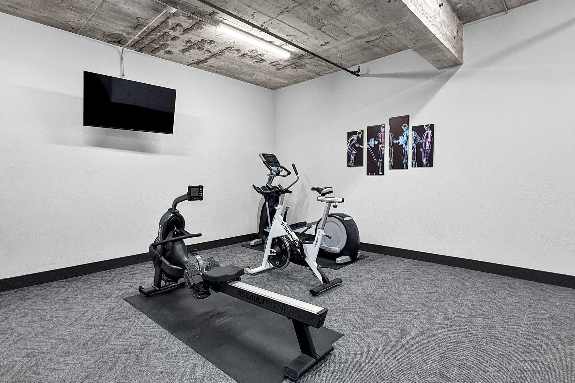 A small gym room with a rowing machine and stationary bike on a gray carpet floor, with a flat-screen TV on the wall.
