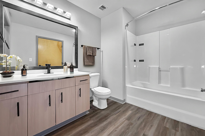 Modern bathroom with a light wood vanity, a large rectangular mirror, and a white bathtub shower combo on dark flooring.