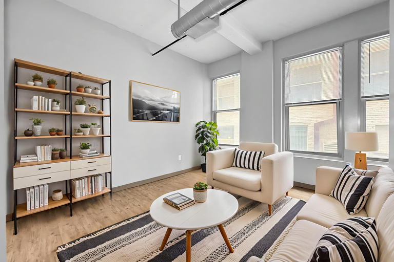 A cozy living room with a neutral sofa, armchair, round coffee table, striped rug, and a large open bookshelf.