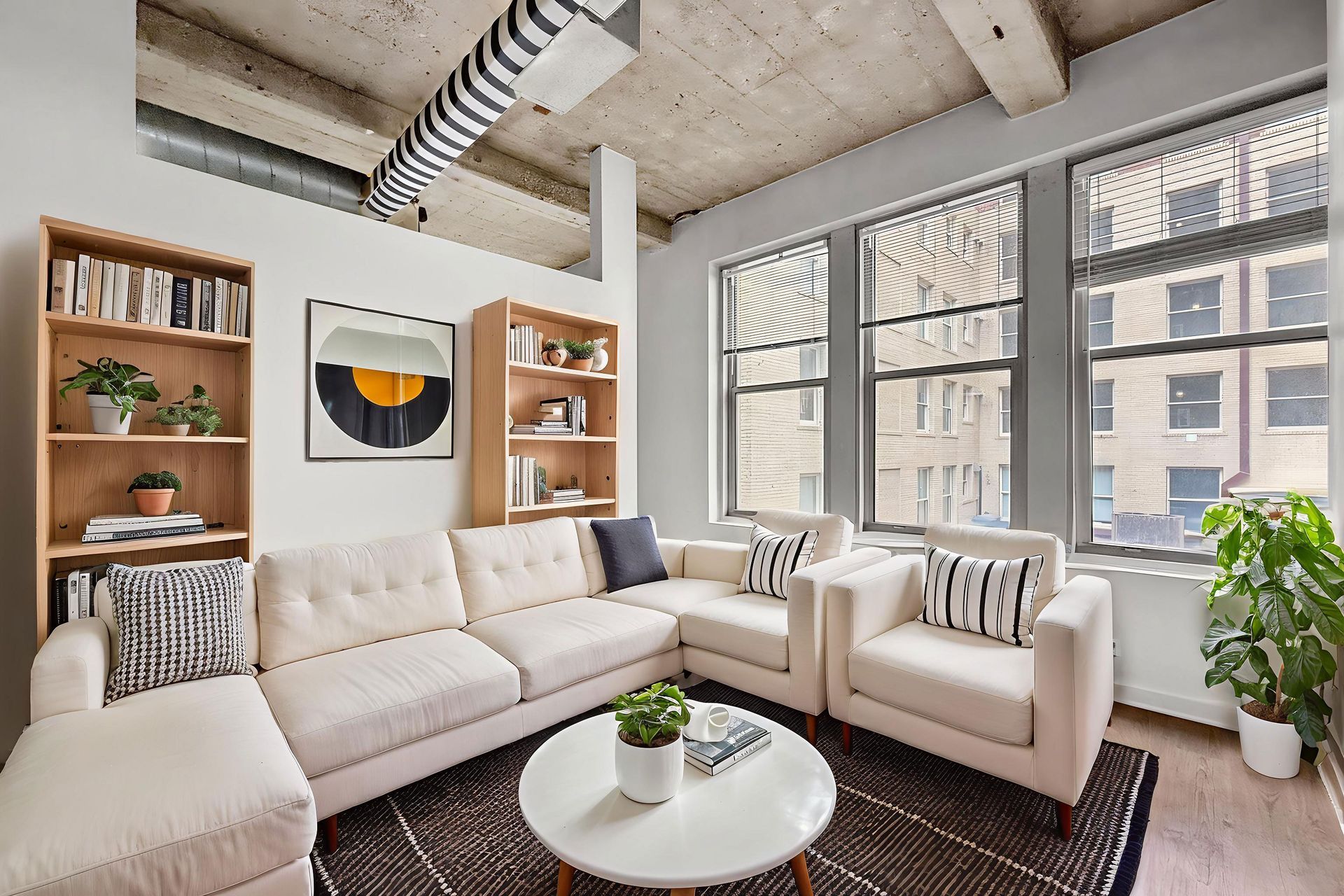 A bright loft-style living room with a beige sectional, white coffee table, bookshelves, and large windows.