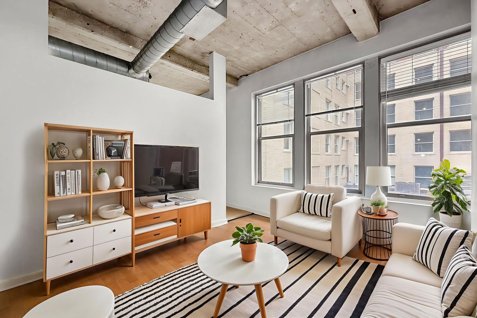 A bright, industrial-style living room with a TV, light wood shelving, beige armchair, white sofa, and striped area rug.