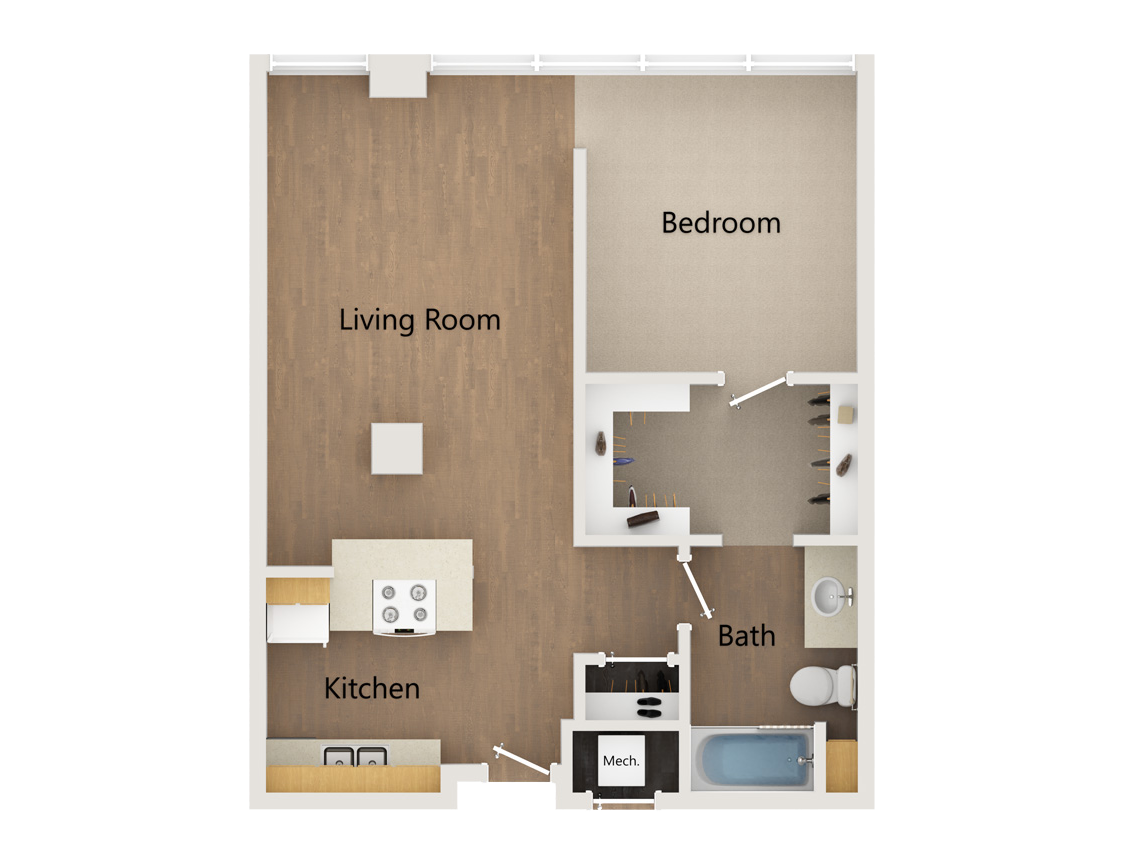 A top-down floor plan of a one-bedroom apartment with a living room, kitchen, bathroom, and walk-in closet.