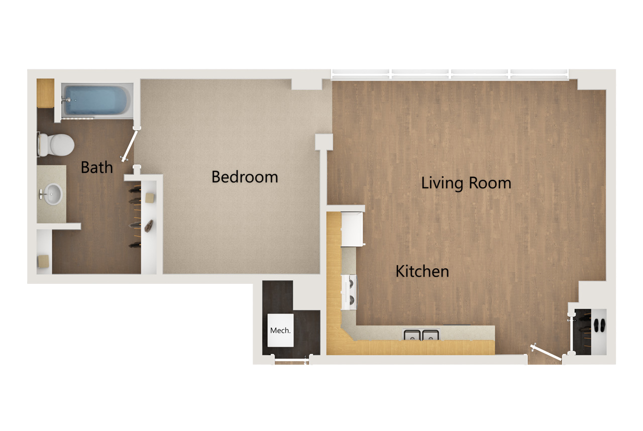 Floor plan of a one-bedroom apartment with a bathroom, kitchen, and living room area.