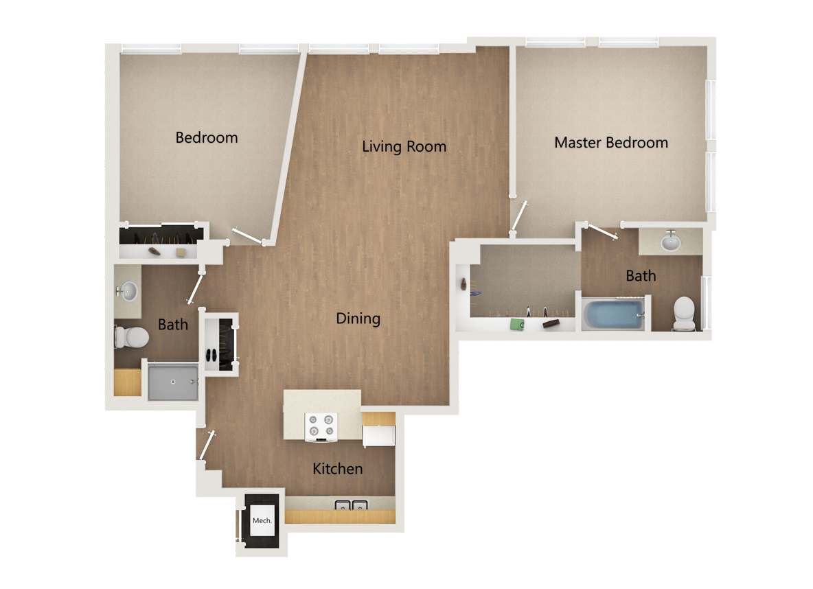 A 2D floor plan for a two-bedroom, two-bathroom apartment with an open living, dining, and kitchen area.