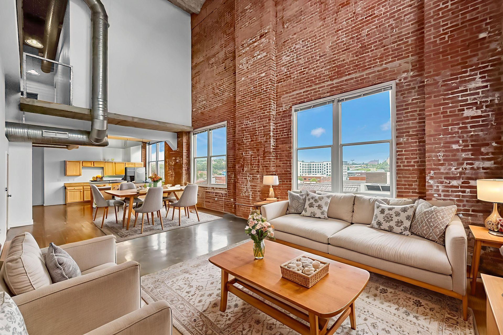 A high-ceilinged loft with an exposed brick wall, a seating area with a sofa, and an open dining space and kitchen.
