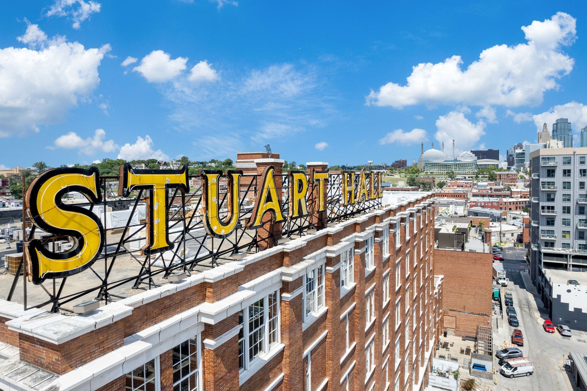 A rooftop sign reading