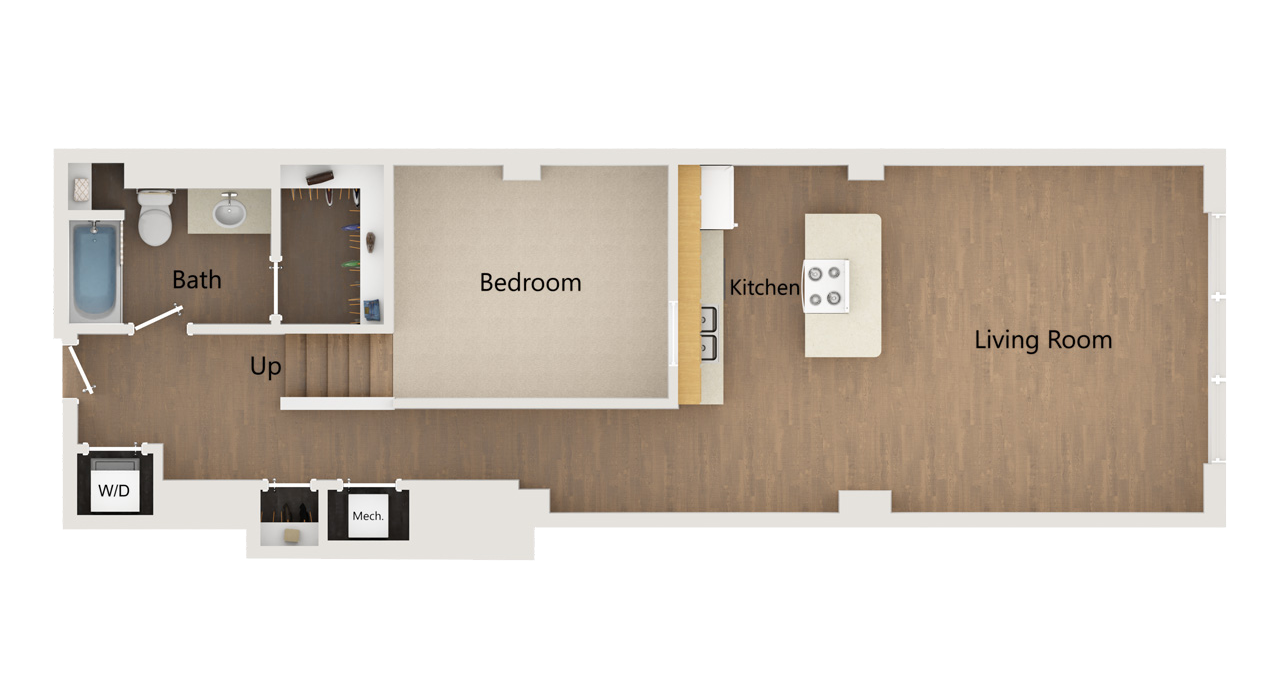 A floor plan showing a bathroom, bedroom, kitchen, and living room in a long, rectangular layout with wood-style flooring.