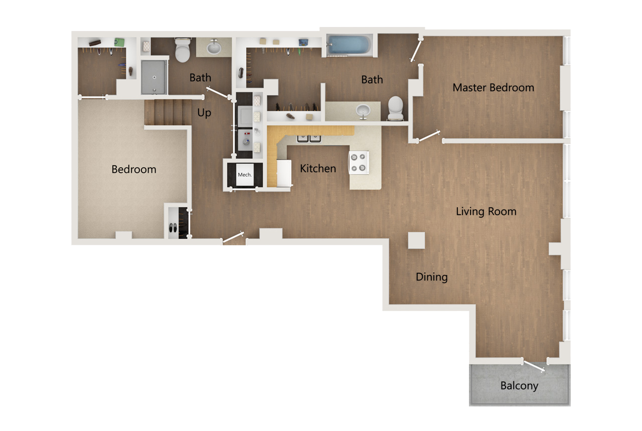 Floor plan of an apartment featuring a bedroom, bathroom, kitchen, dining area, living room, and balcony.