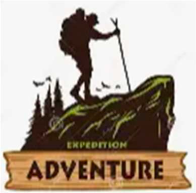 Silhouette of a hiker with a backpack atop a mountain, with text