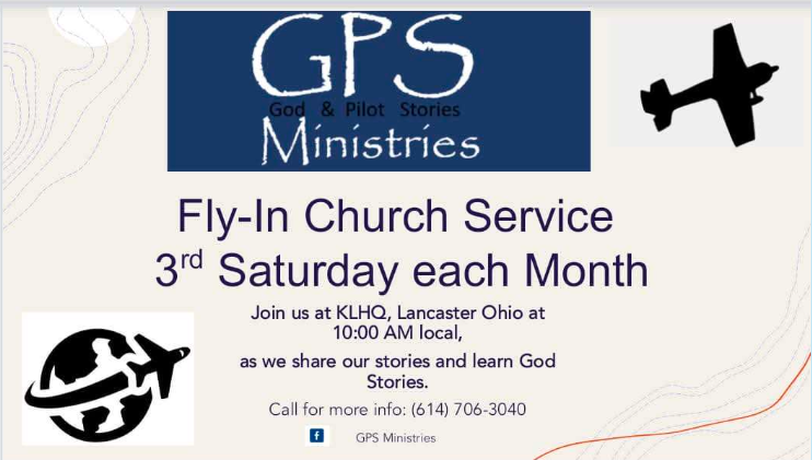 Fly-In Church Service ad: Blue logo, plane silhouette, world/plane icon. Saturdays at KLHQ, Lancaster, OH. Contact for info.