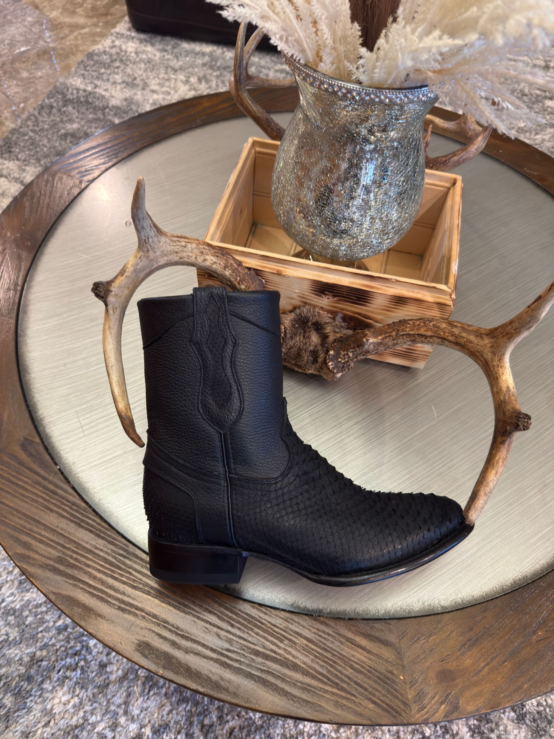 Men's Exotic Python Matte Black Cowboy Ankle Boots