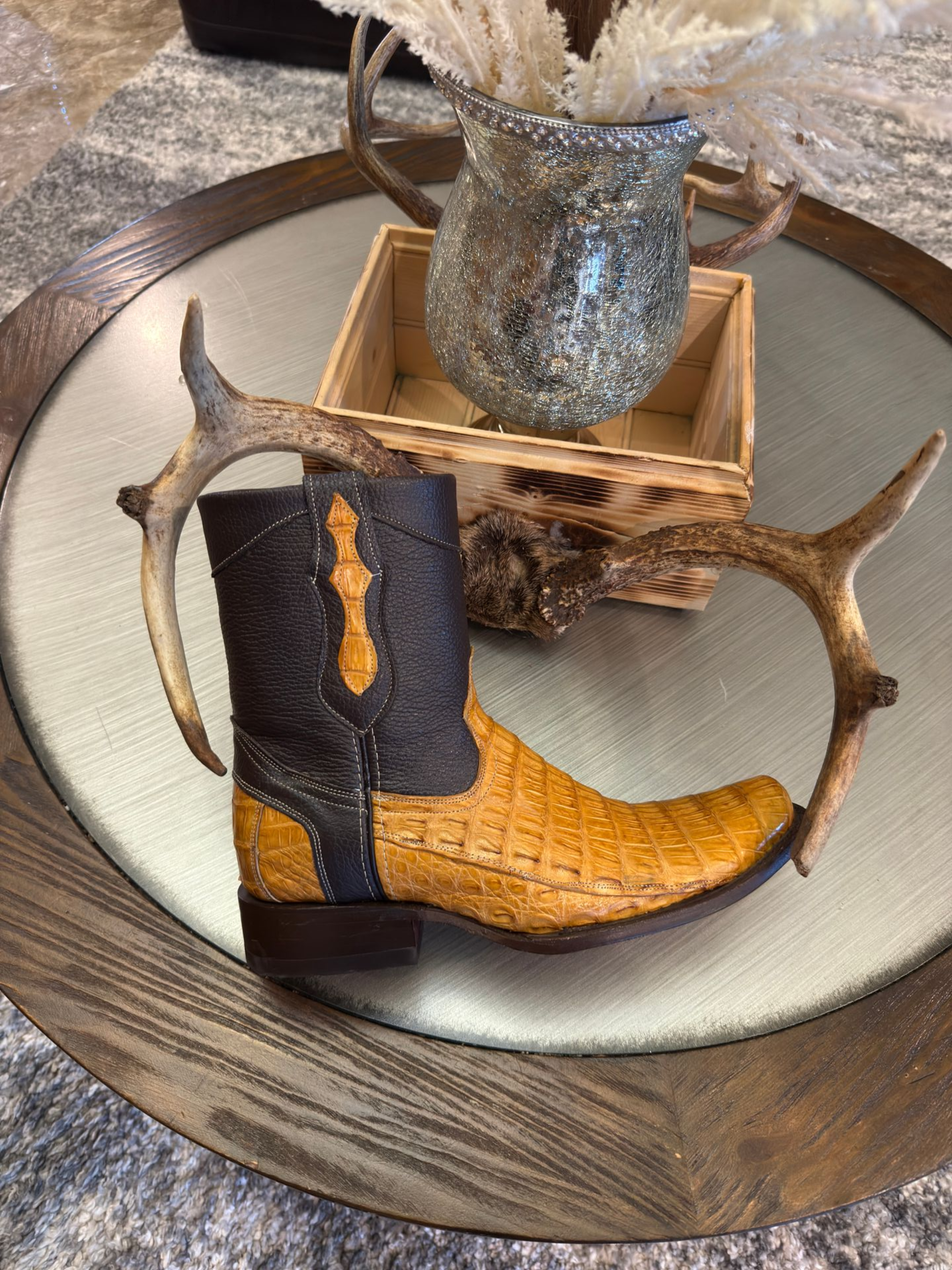 Mens Exotic Butter Caiman Cowboy Ankle Boots