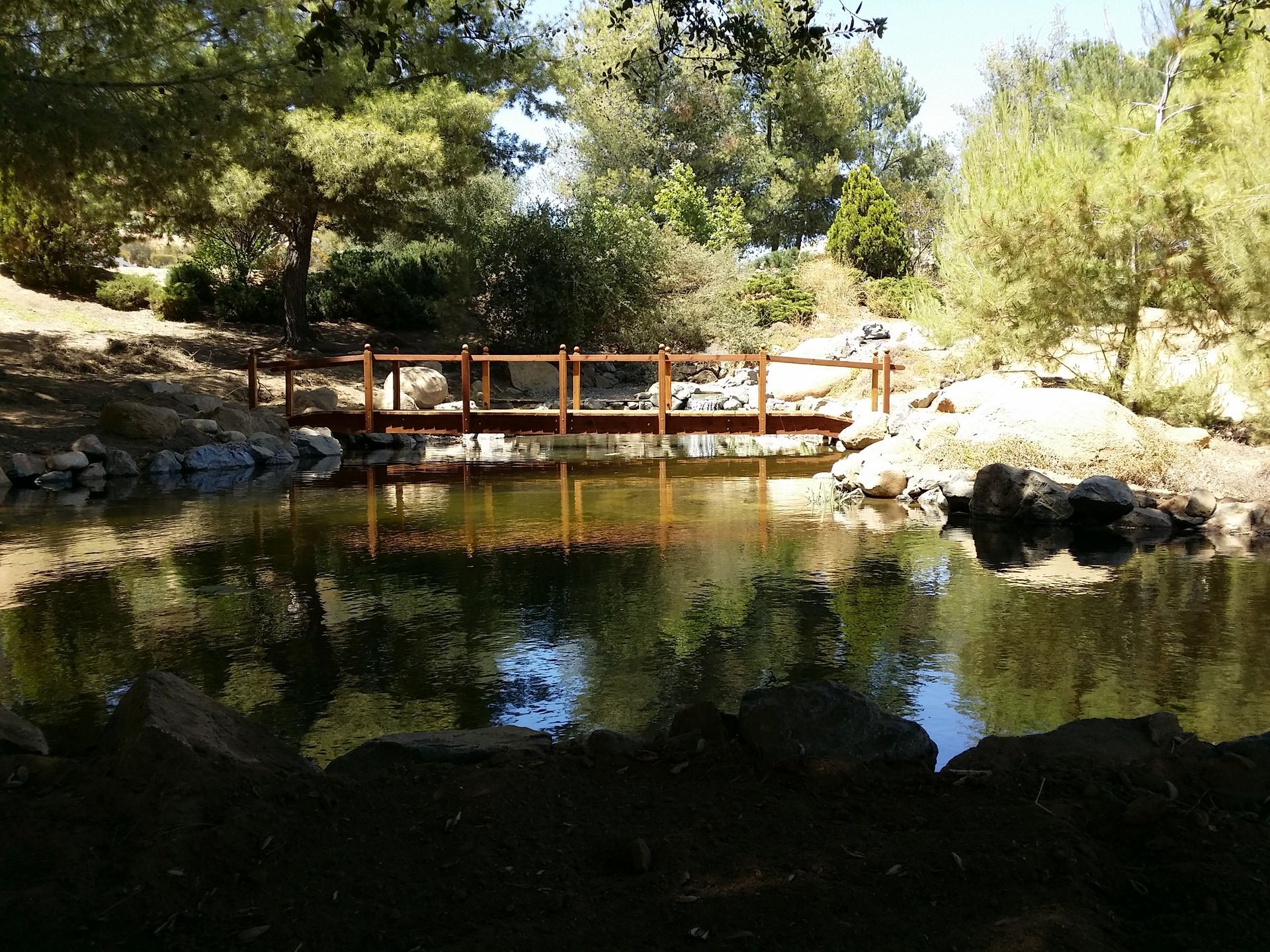 A wooden bridge over a body of water surrounded by trees