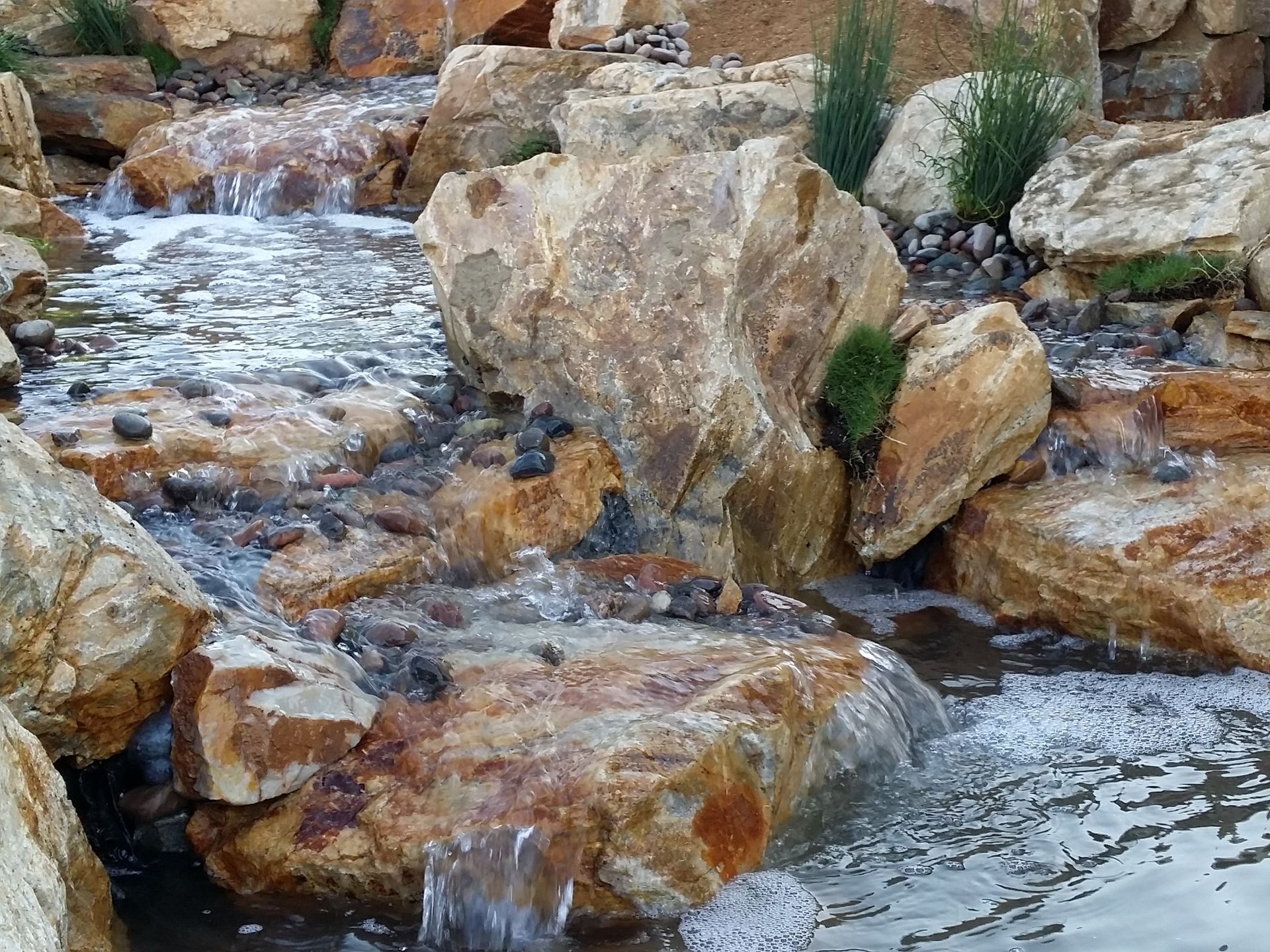 A small waterfall is surrounded by rocks and plants.