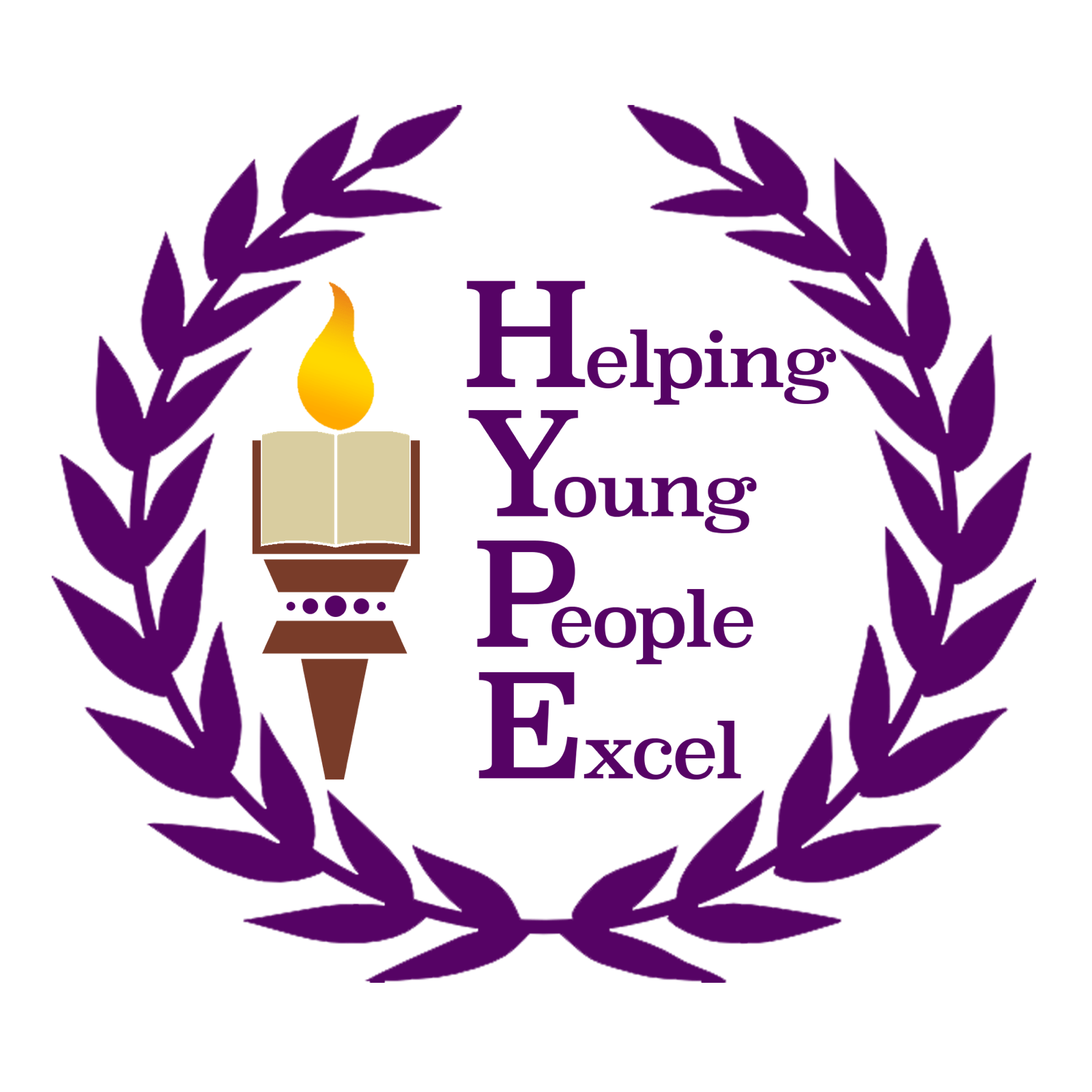 A logo for helping young people excel with a torch and laurel wreath