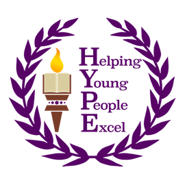 A logo for helping young people excel with a torch and laurel wreath