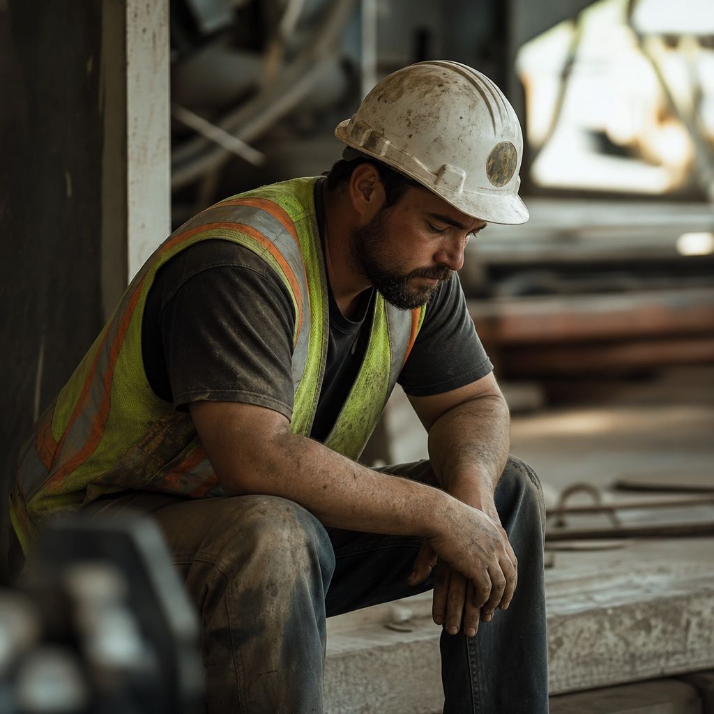 Worker in high-vis vest sitting alone on a break, looking down quietly, industrial background