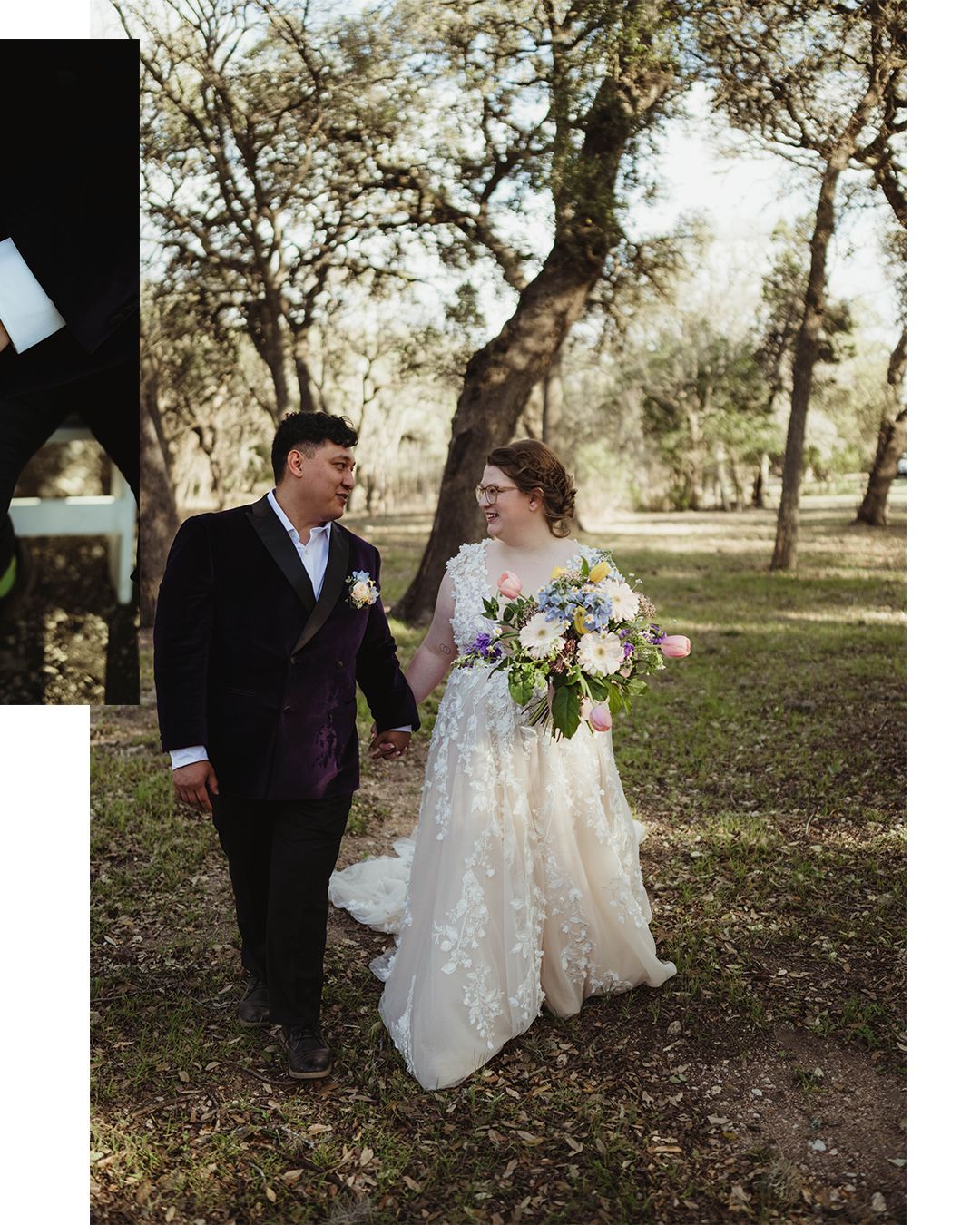 Bride and groom holding hands at altar