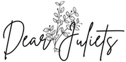 A black and white logo for dear juliets with flowers and leaves.