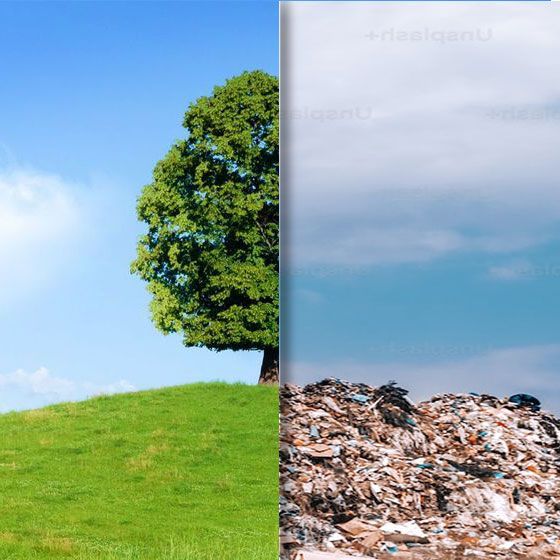 Split screen of a beautiful tree and green grass contrasting with  a landfill dump on the other side of the image.