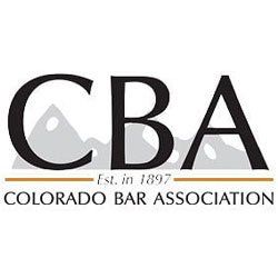 The logo for the colorado bar association is a black and white logo with mountains in the background.