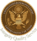 The logo for the united states bankruptcy court eastern district of texas integrity quality service.
