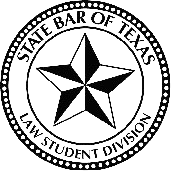 A black and white logo for the state bar of texas law student division.
