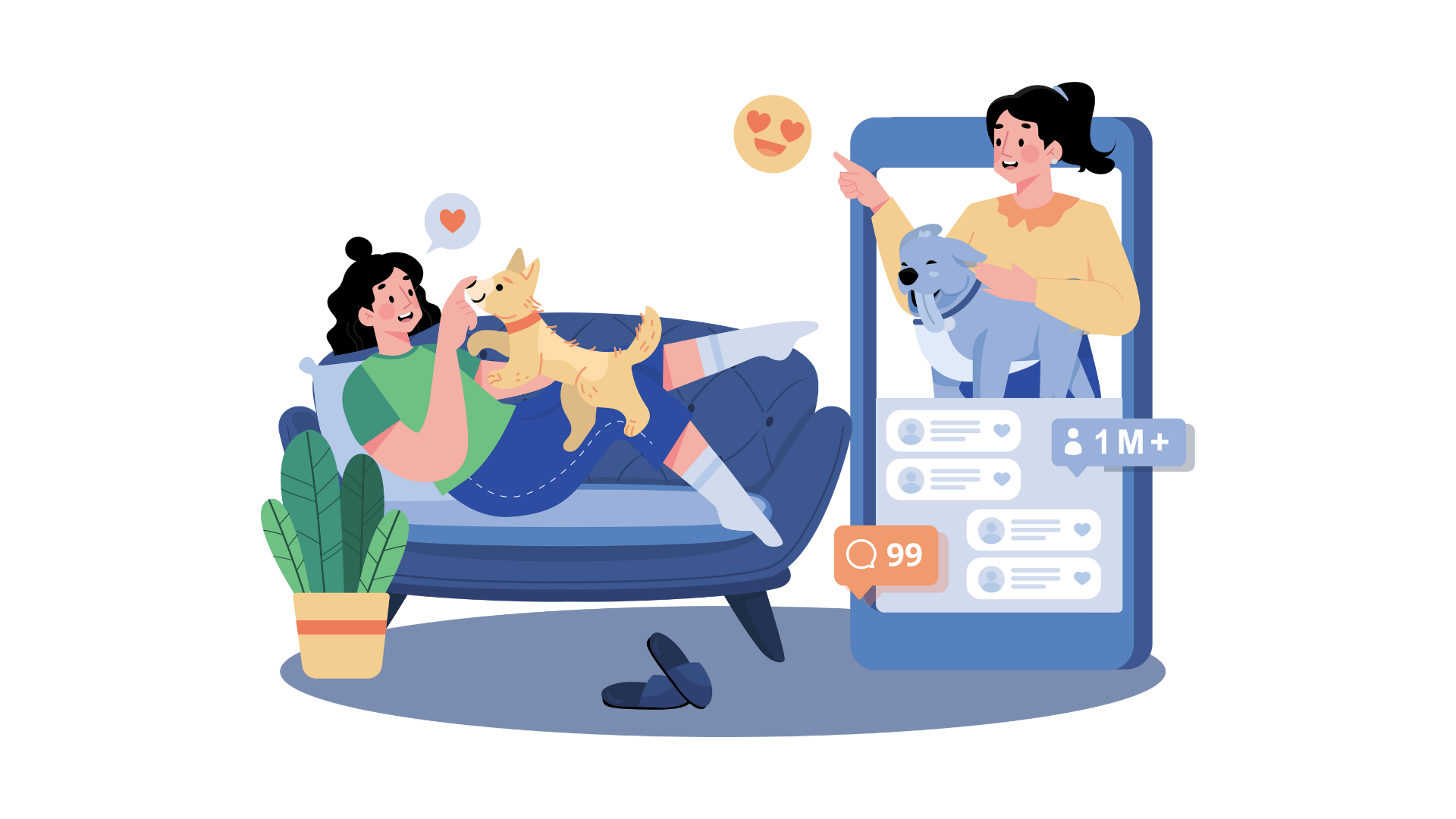 A woman is laying on a couch with a dog and a woman is holding a dog.