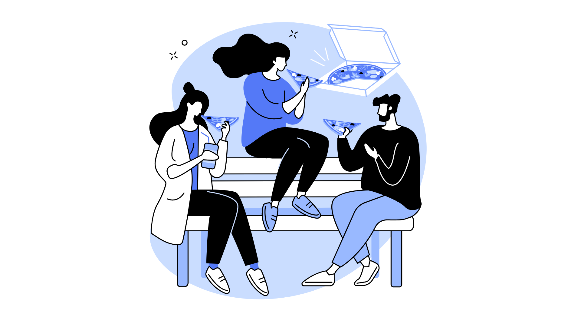 A group of people are sitting on a bench eating pizza.