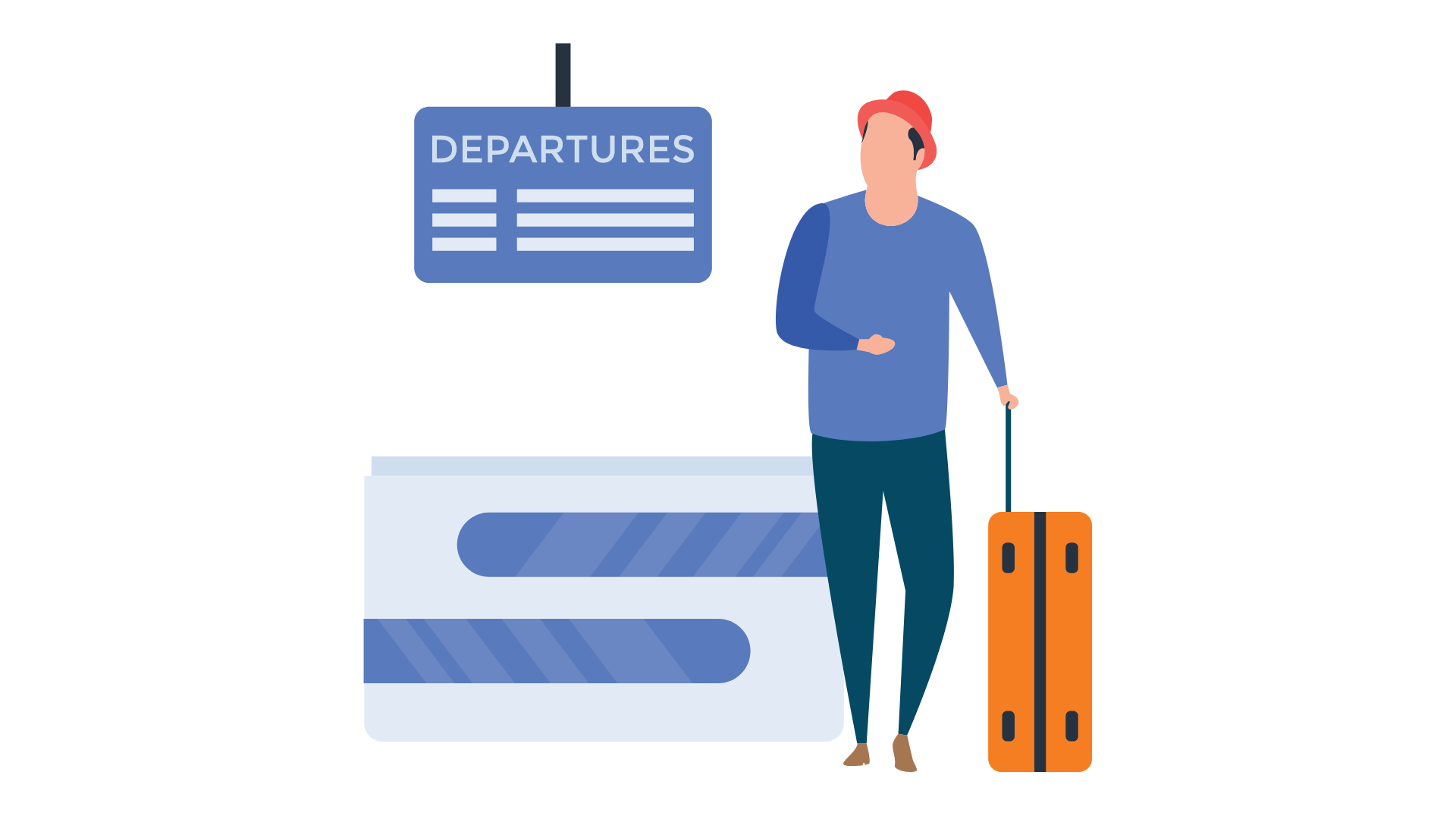 A man with a suitcase is standing in front of a departures sign.