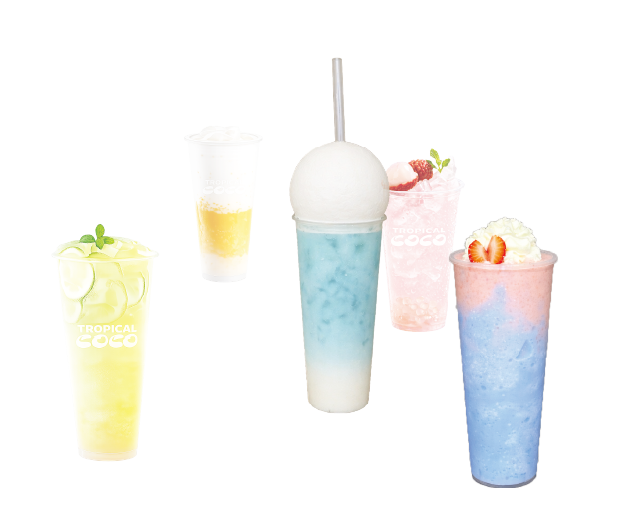 Pastel pink-and-blue Tropical Coco drink in a clear plastic cup on a light background