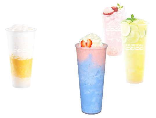 Four colorful fruity drinks in tall cups, each topped with whipped cream and fruit garnish