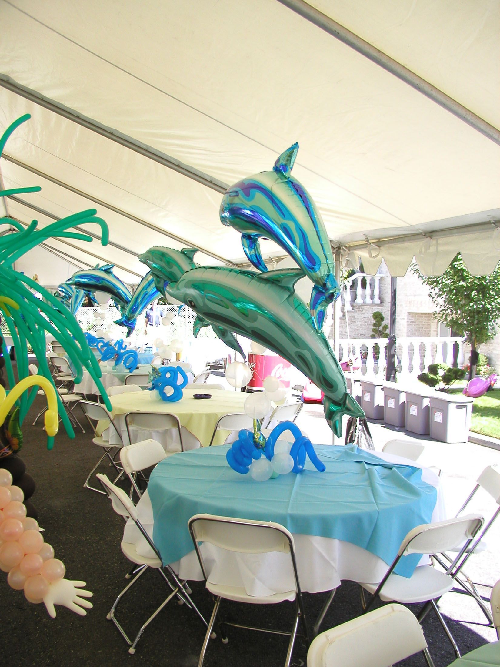 Party tent with dolphin balloon decorations on tables and palm tree balloons.
