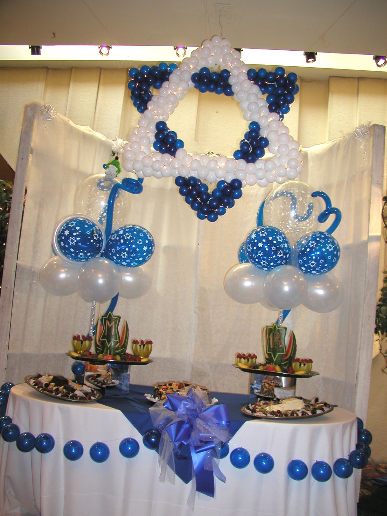 A table decorated with blue and white balloons, and a Star of David balloon arrangement.
