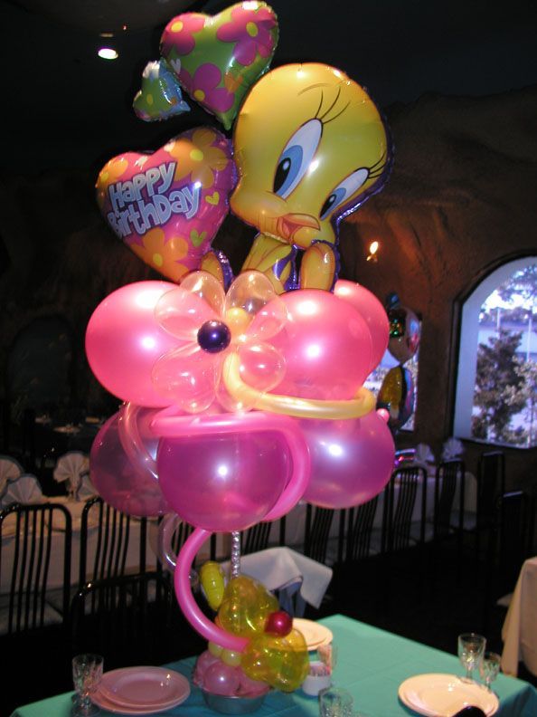 Tweety Bird balloon centerpiece with pink and yellow balloons; “Happy Birthday” heart balloon.