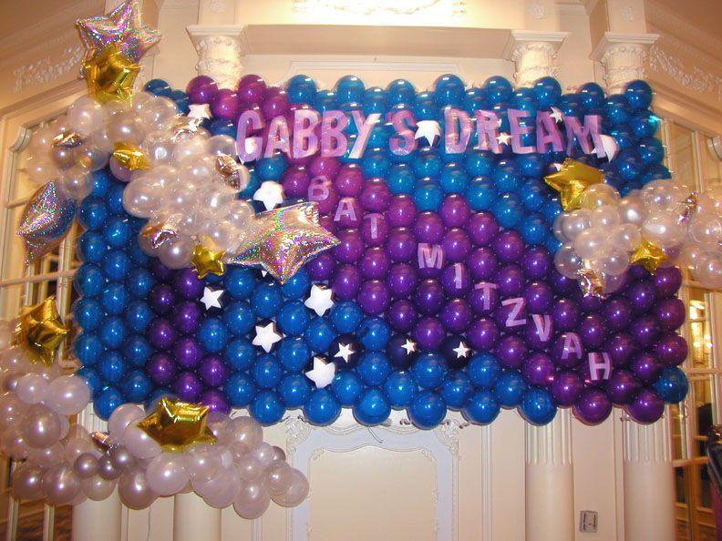 Balloon arch for a Bat Mitzvah. Blue, purple, and white balloons spell 