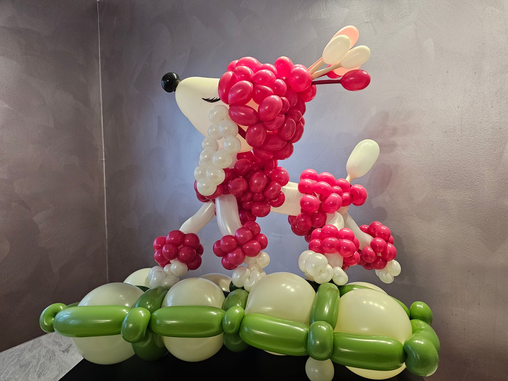 Balloon sculpture of a white and red poodle with a green base and antler-like balloons, against a gray background.