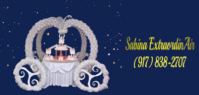 A Cinderella-themed balloon carriage with "Sabina ExtraordinAir" and a phone number on a dark blue background.