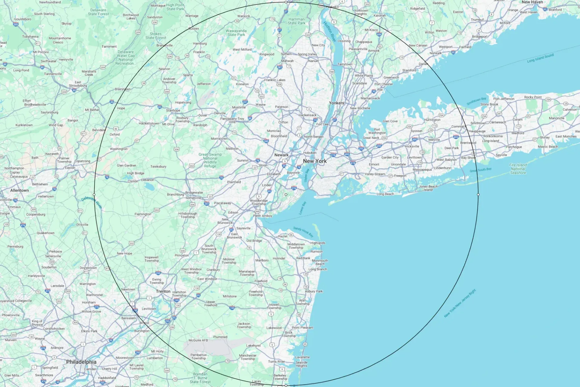 Map of the New York City area, showing the city, surrounding states, and a large circular radius.