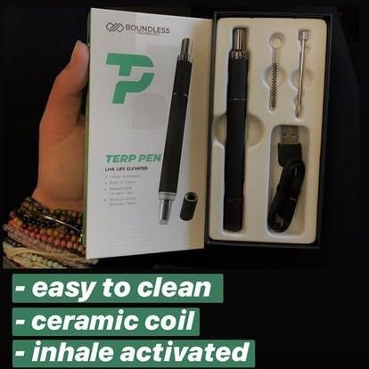 A hand holding a Boundless Terp Pen box, with a vape pen, tools, and a charging cable inside. Text: easy to clean, ceramic coil, inhale activated.