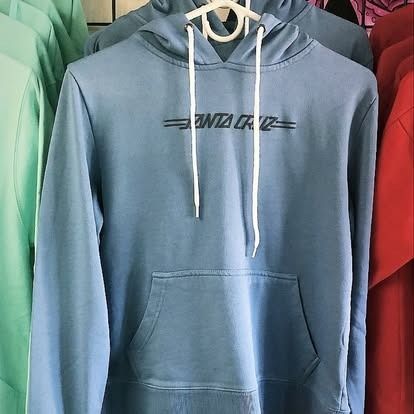 Blue Santa Cruz hoodie with white drawstring and logo.