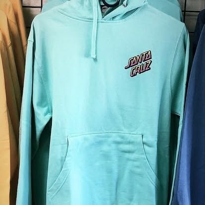 Light blue Santa Cruz hoodie with logo.