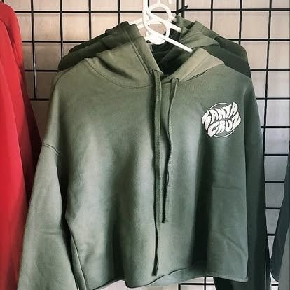 Olive green Santa Cruz hoodie with white logo, hanging on a rack.