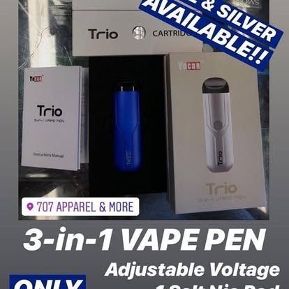 Vape pen products: Trio device in blue and silver, packaging, and store label.