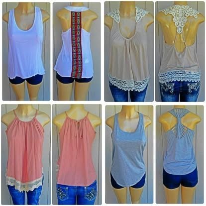Eight different women's tank tops, various colors and styles, displayed on mannequins.