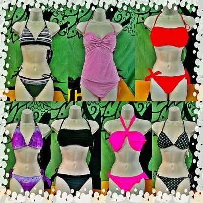 Swimsuits on mannequins, various styles and colors against a floral background.